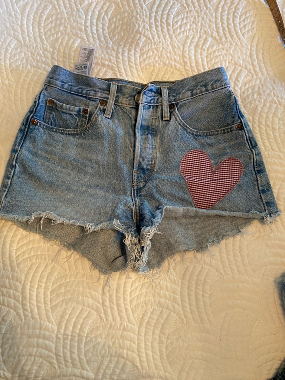Levi's Light Blue Denim Cutoff Shorts with Red Gingham Heart
